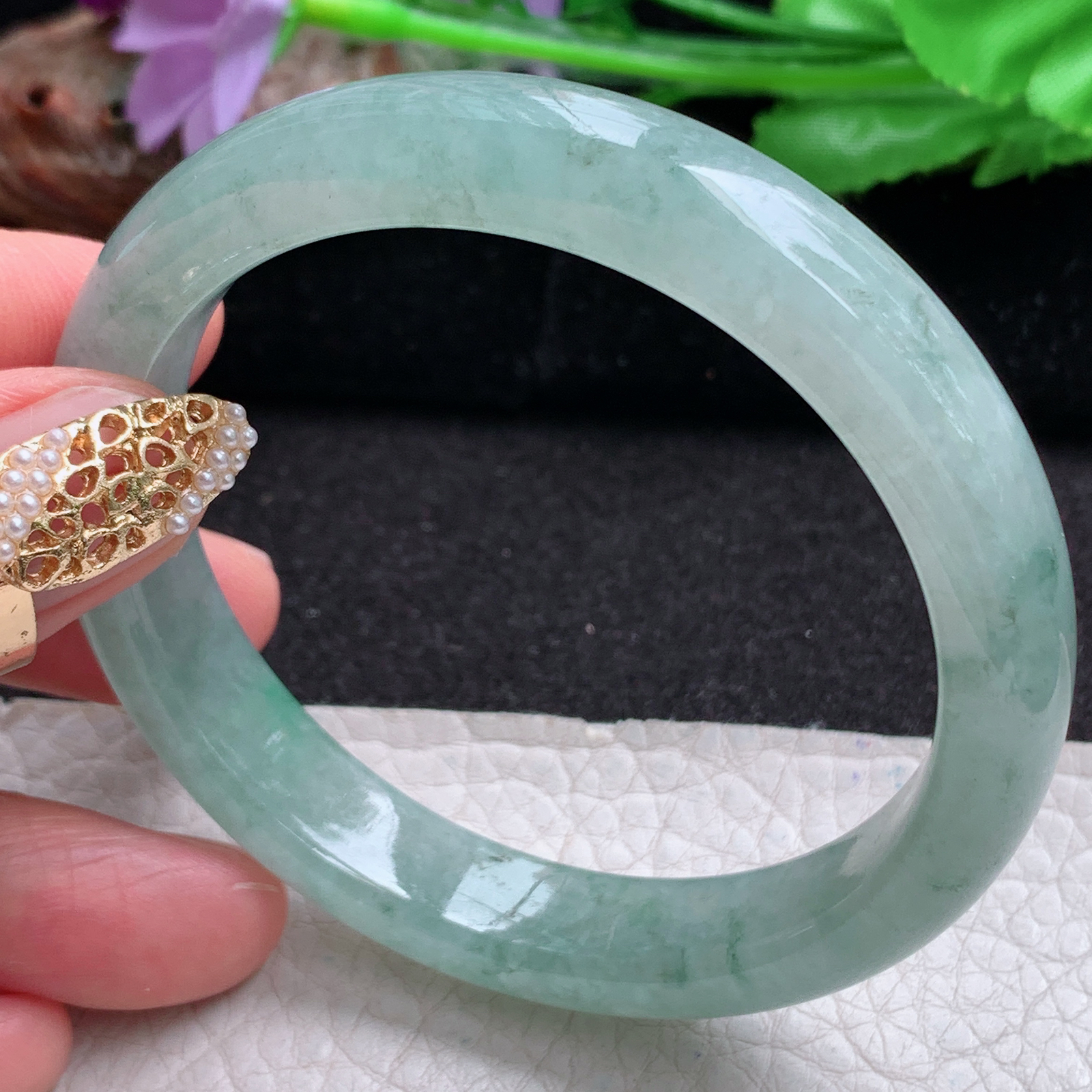 zjf实拍56*11.3*7.5平安镯 天然缅甸翡翠a货手镯冰润飘绿花正圈玉镯子
