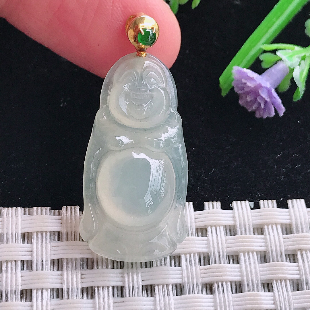 实拍A货翡翠29.2/15/5.8老坑18k金镶嵌冰胶站佛吊坠翡翠玉牌