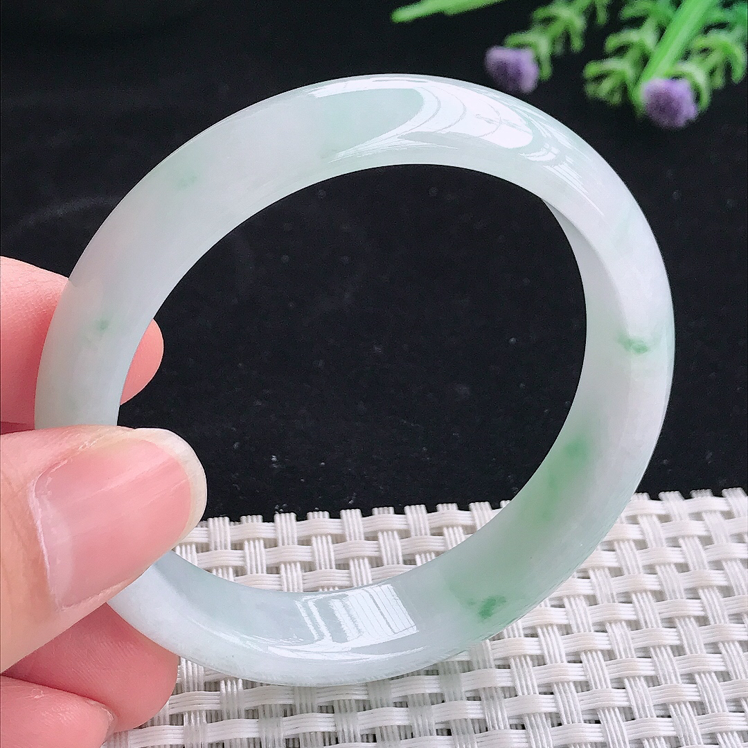 实拍A货翡翠54.8/13.5/7.2老坑冰润起胶飘花手镯翡翠宽边玉镯平安镯美人镯