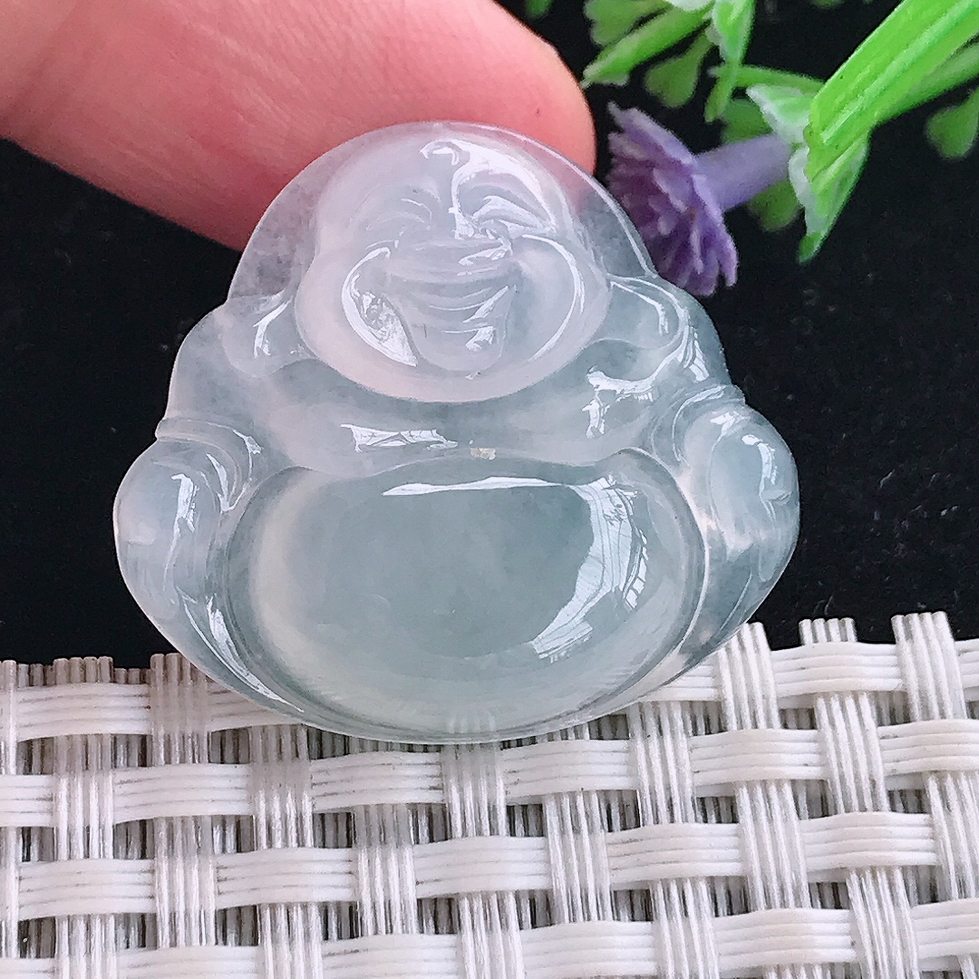 实拍A货翡翠27.3/30/6老坑冰种起胶白冰佛公吊坠翡翠玉牌