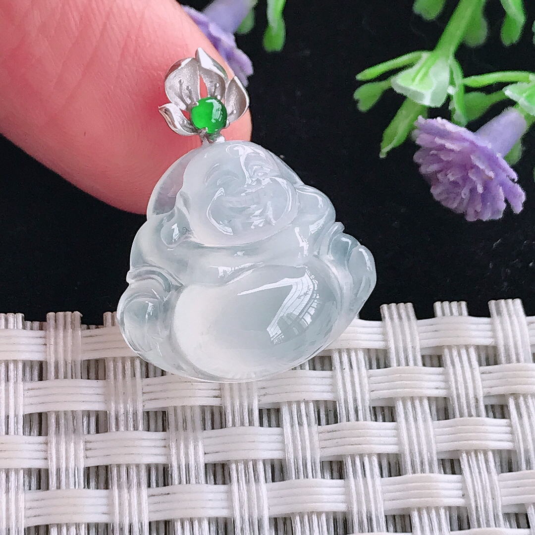 实拍A货翡翠17.2/19/6.9老坑18k金镶嵌起光冰种小佛公吊坠翡翠玉佛