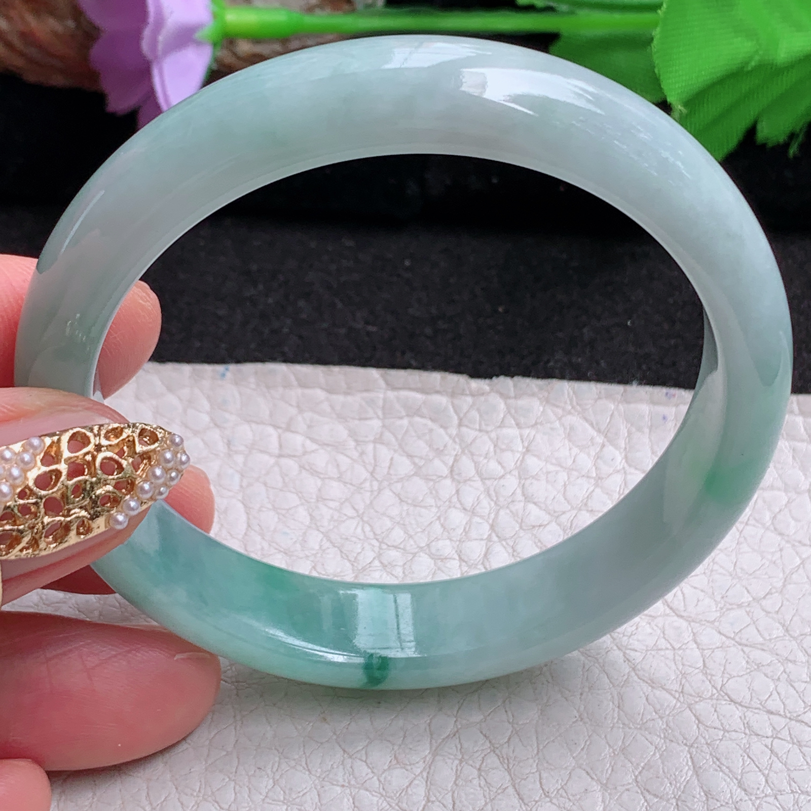 zjf实拍55*12.3*7平安镯 天然缅甸翡翠a货手镯飘花秀气正圈玉镯子