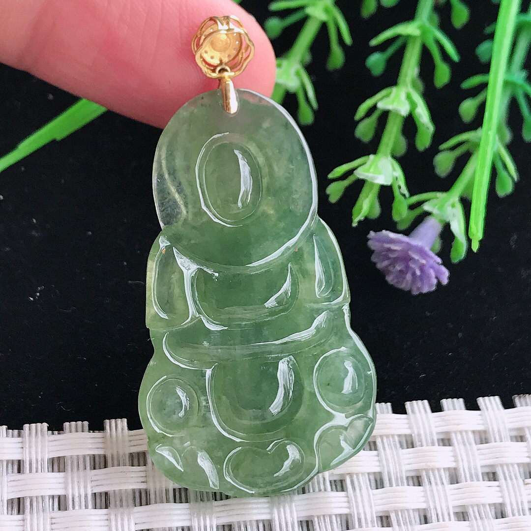 实拍A货翡翠41.3/24.8/4.8老坑18k金镶嵌满油绿观音吊坠翡翠玉牌