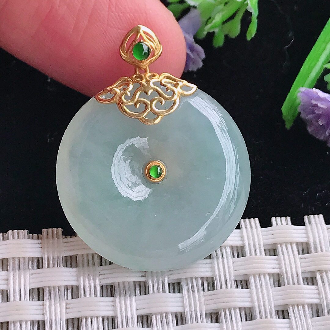 实拍A货翡翠23.9/5.3老坑18k金镶嵌冰胶水灵平安扣吊坠翡翠玉牌