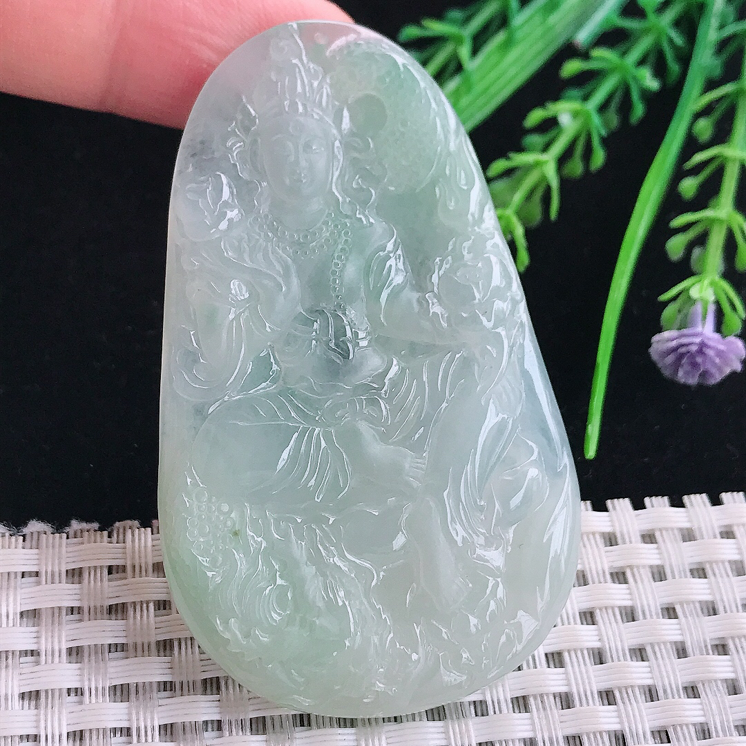 实拍A货翡翠66/40/5.5老坑冰胶果冻冰晴绿御龙观音吊坠翡翠玉牌