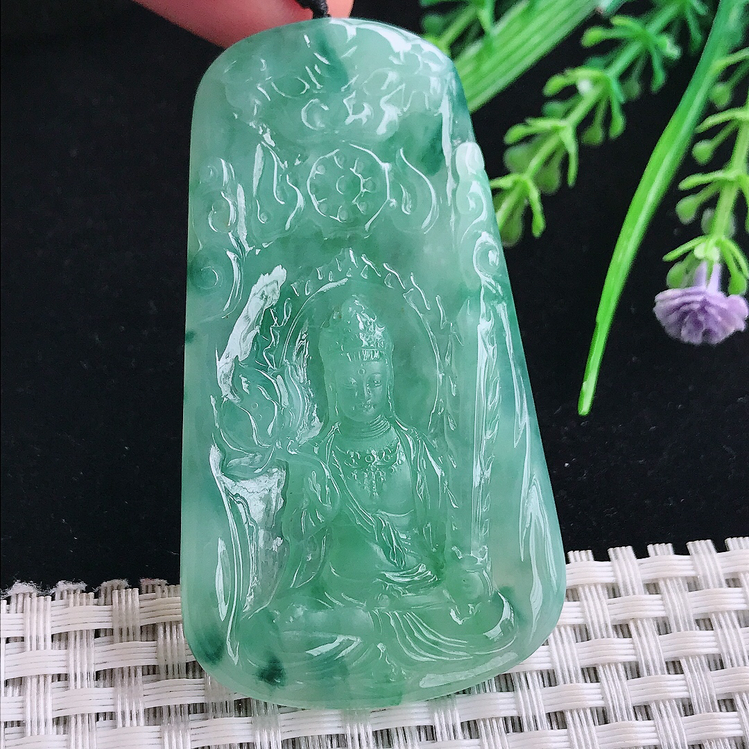 实拍A货翡翠64.3/36/5.5老坑冰胶水灵满绿虚空藏菩萨吊坠翡翠玉牌守护神