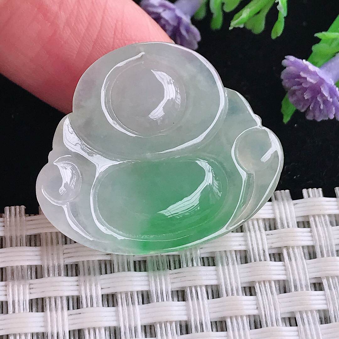 实拍A货翡翠24.9/29.8/5.7老坑冰胶水灵飘阳绿佛公吊坠翡翠玉佛挂件