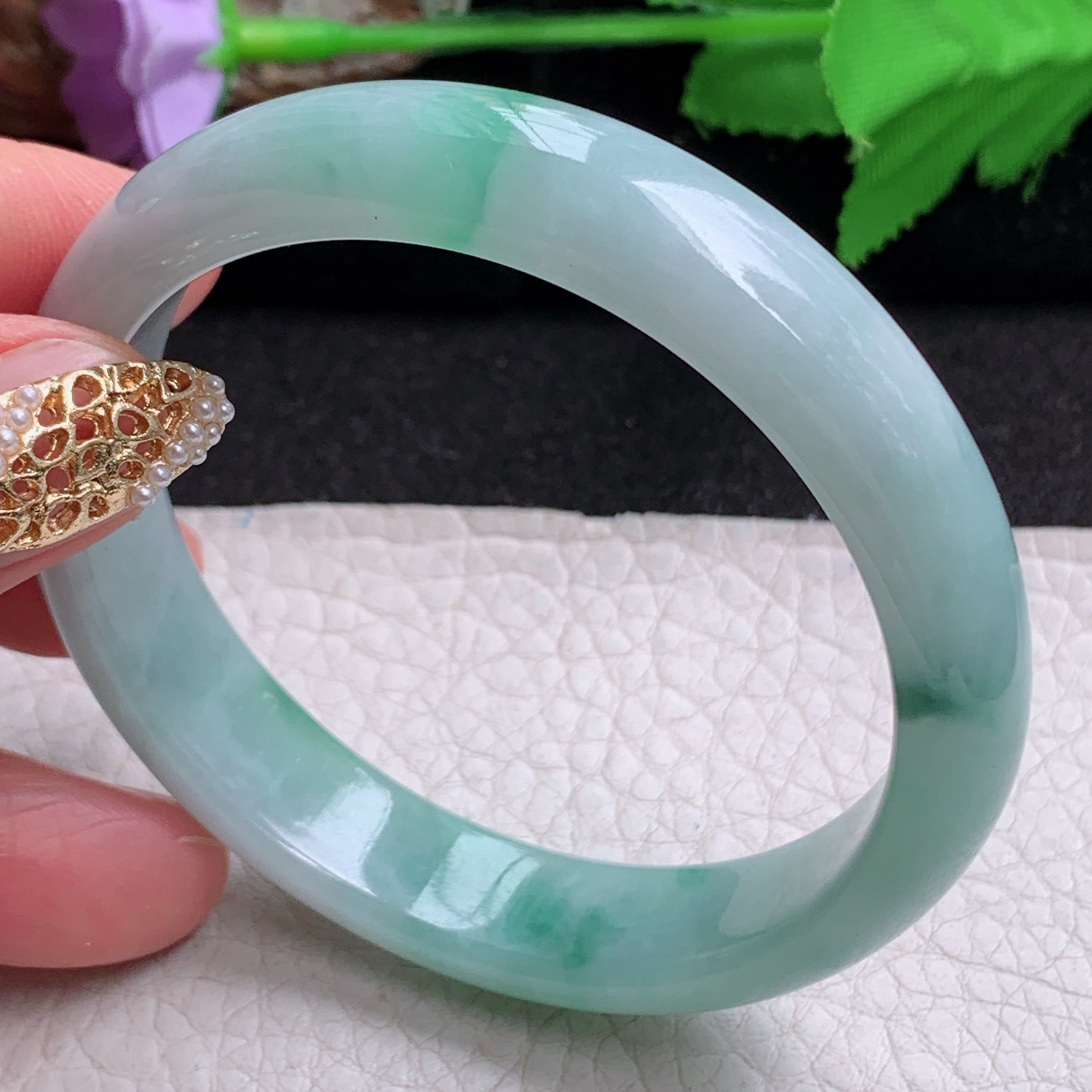 zjf实拍55*12.3*7平安镯 天然缅甸翡翠a货手镯飘花秀气正圈玉镯子