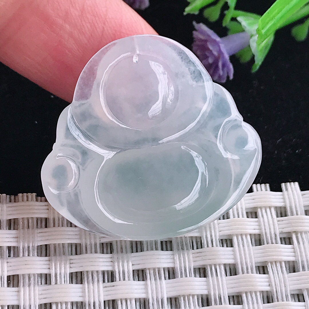 实拍A货翡翠27.3/30/6老坑冰种起胶白冰佛公吊坠翡翠玉牌