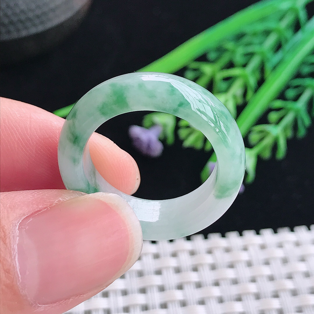 实拍A货翡翠19.5/7.5/4.5老坑冰透起胶飘花指环戒指