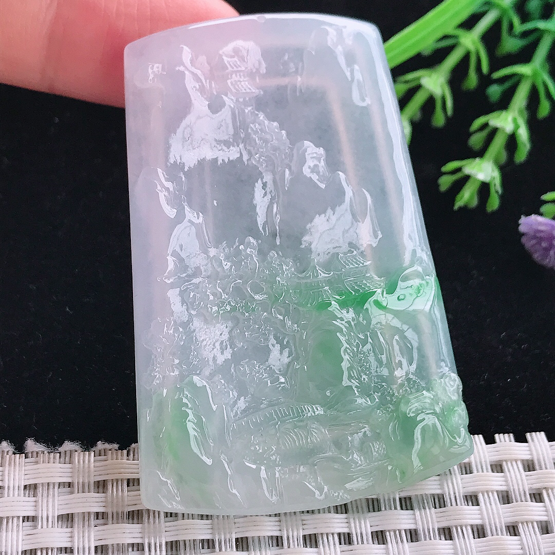 实拍A货翡翠60.6/41.5/5.7老坑冰胶果冻飘阳绿山水牌吊坠大好河山