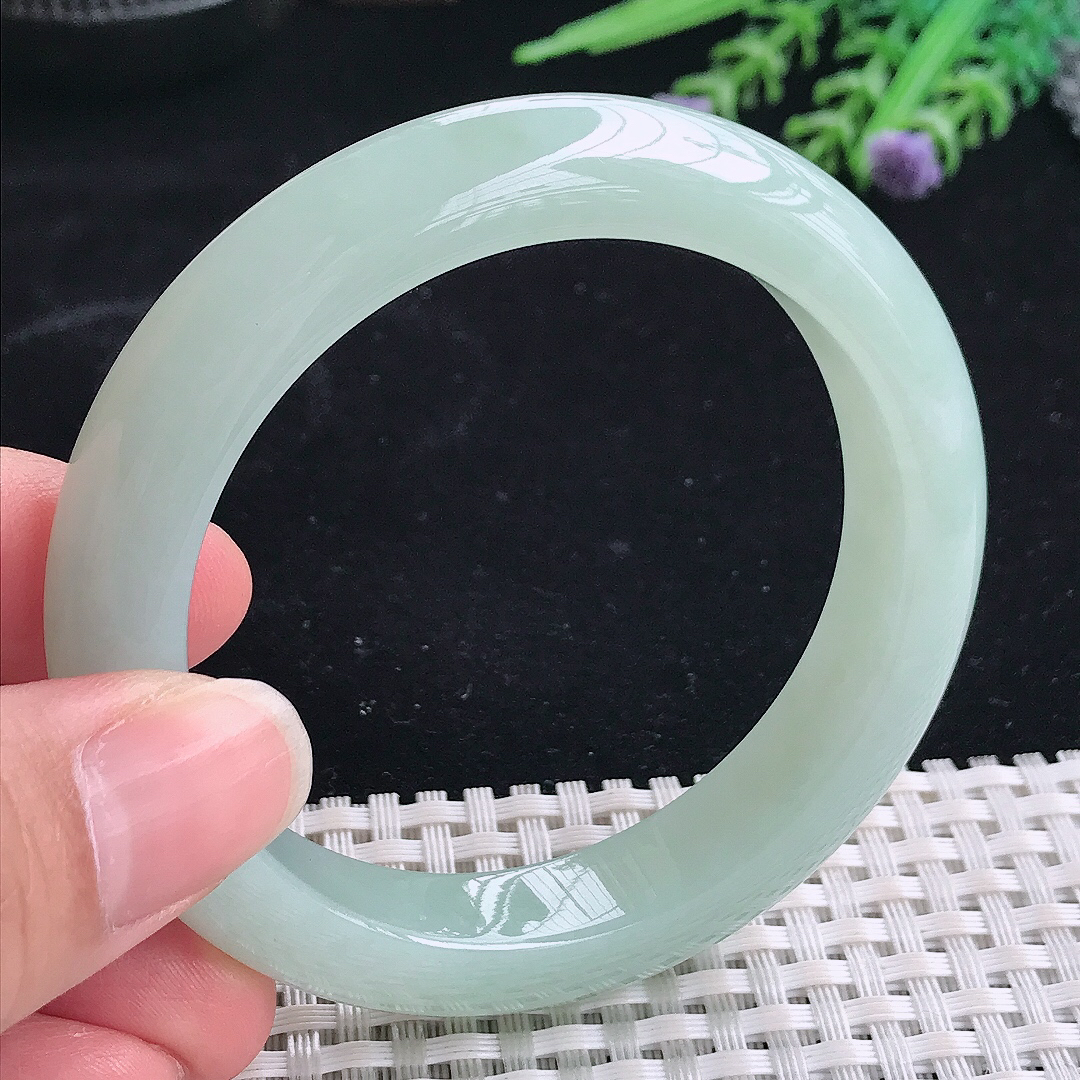 实拍A货翡翠54.5/11.7/9老坑冰纯起胶冰晴绿手镯翡翠宽边玉镯平安镯美人镯