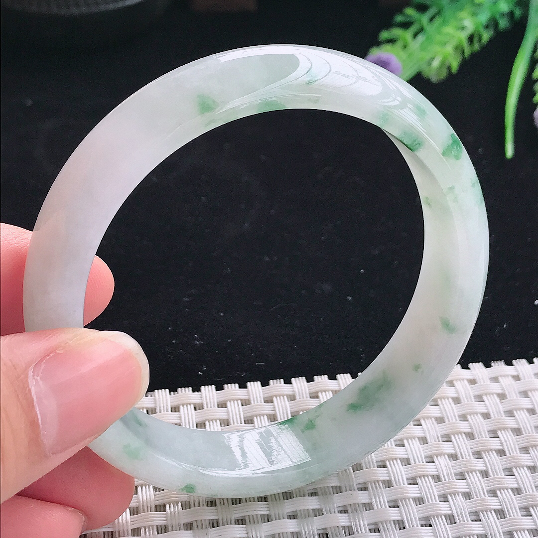 实拍A货翡翠58/13.8/7.5老坑冰润起胶飘花手镯翡翠宽边玉镯平安镯美人镯