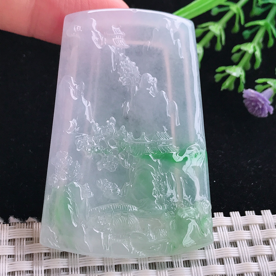 实拍A货翡翠60.6/41.5/5.7老坑冰胶果冻飘阳绿山水牌吊坠大好河山