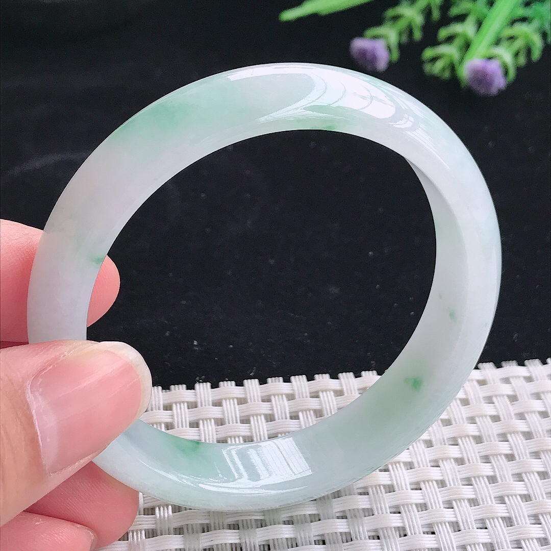 实拍A货翡翠54.8/13.5/7.2老坑冰润起胶飘花手镯翡翠宽边玉镯平安镯美人镯