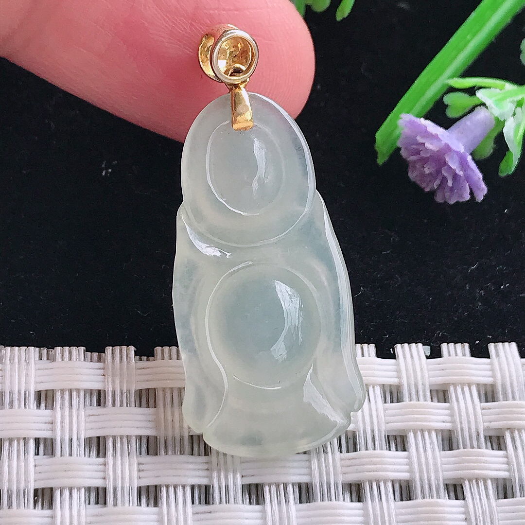 实拍A货翡翠29.2/15/5.8老坑18k金镶嵌冰胶站佛吊坠翡翠玉牌