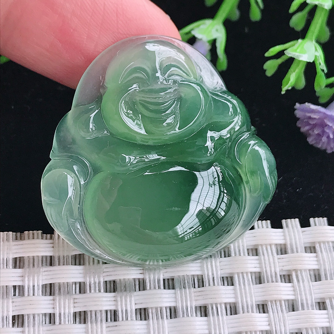 实拍A货翡翠32.4/33.3/7老坑冰种果冻胶冰晴绿佛公吊坠翡翠玉牌