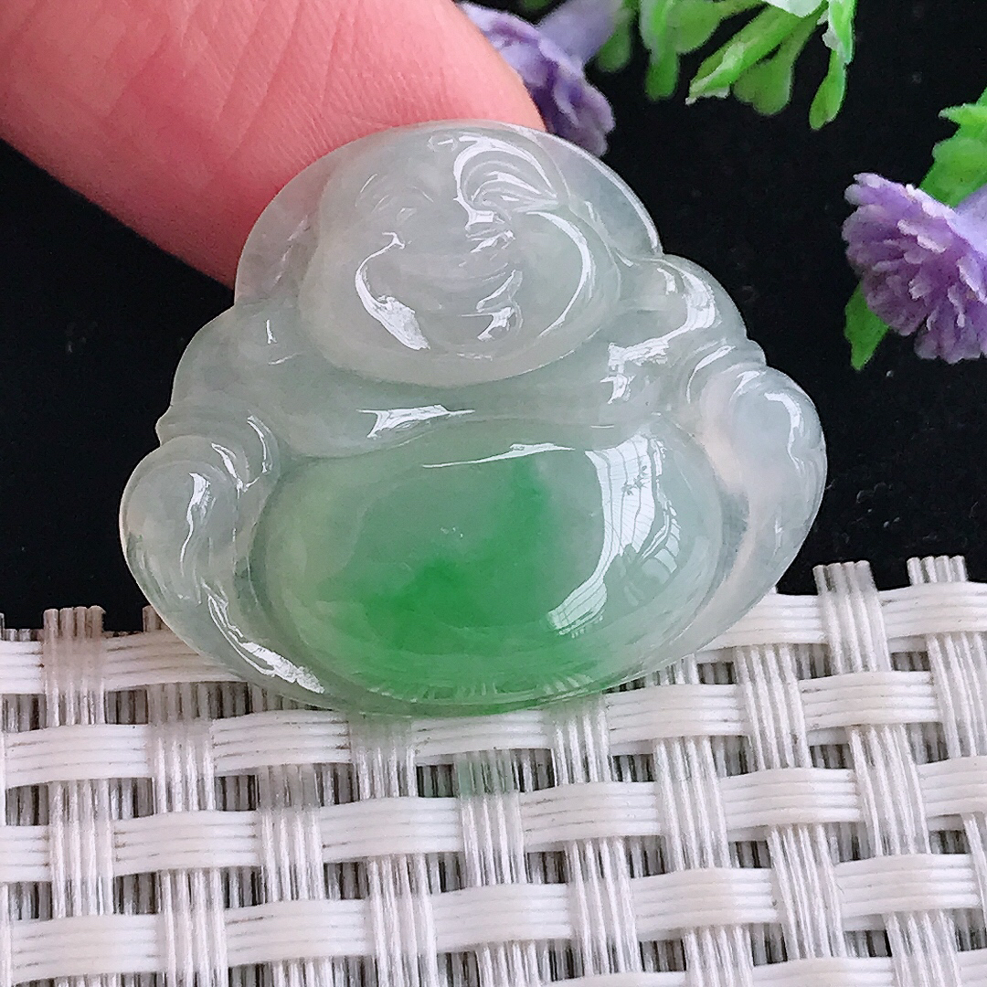 实拍A货翡翠24.9/29.8/5.7老坑冰胶水灵飘阳绿佛公吊坠翡翠玉佛挂件