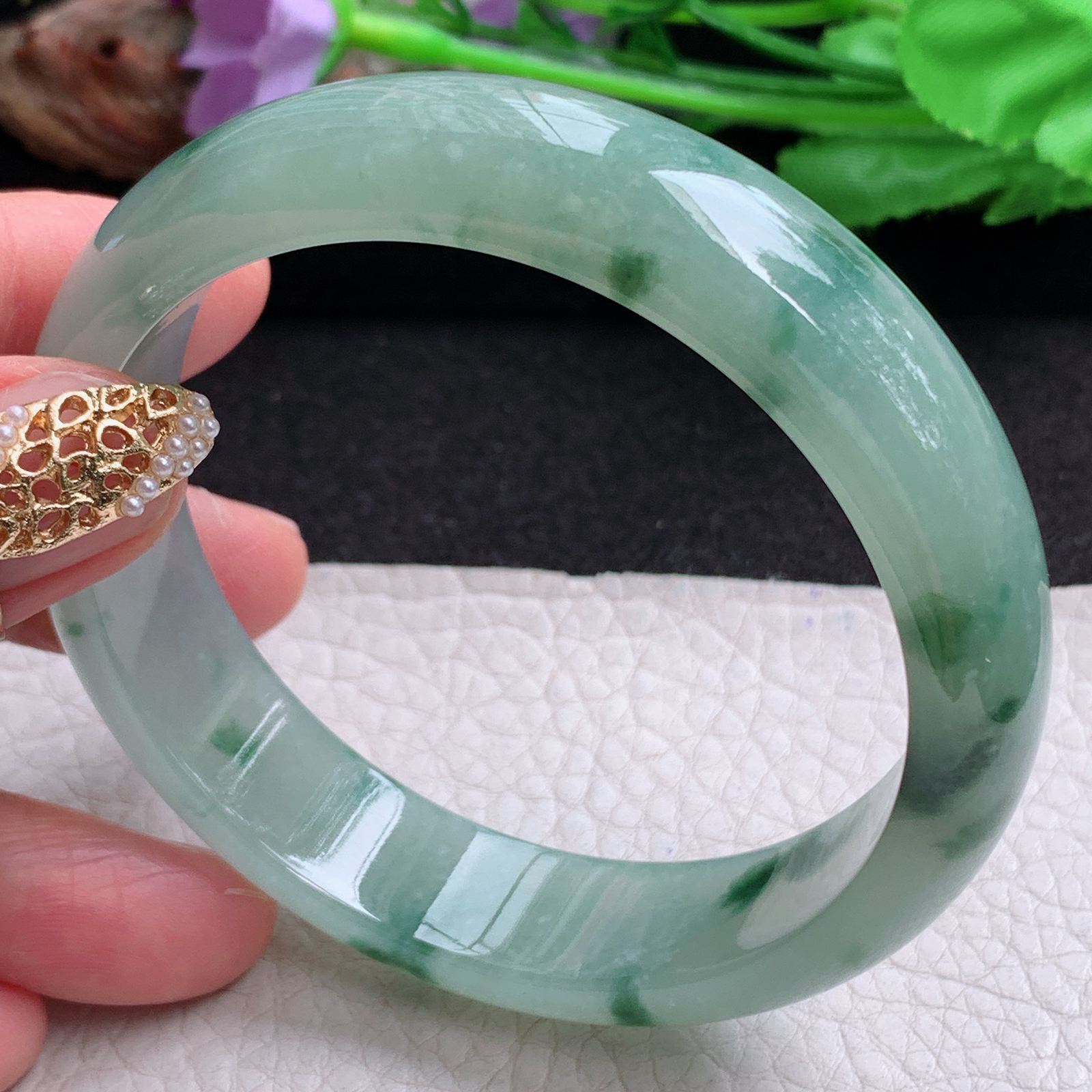 p实拍59.6*15*7.6平安镯 天然缅甸翡翠a货手镯冰飘花正圈玉镯子