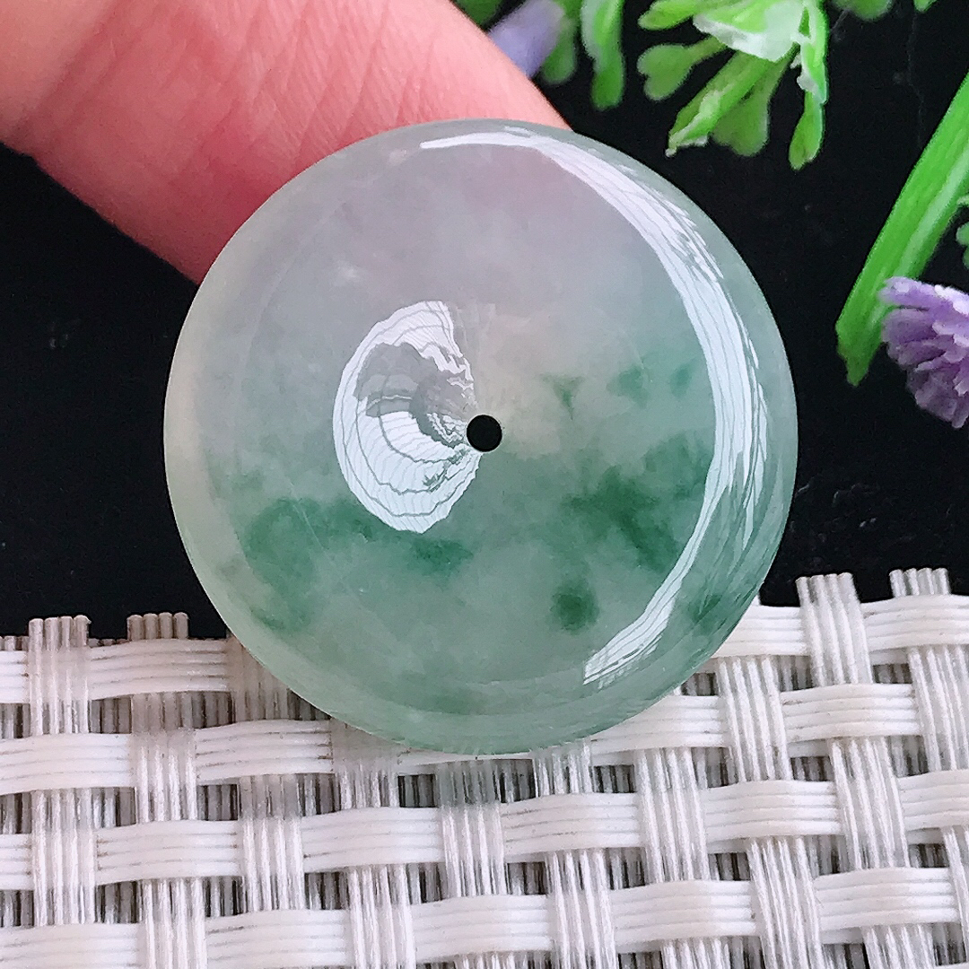 实拍A货翡翠26.3/5.3老坑冰胶水灵冰飘花平安扣吊坠翡翠玉牌