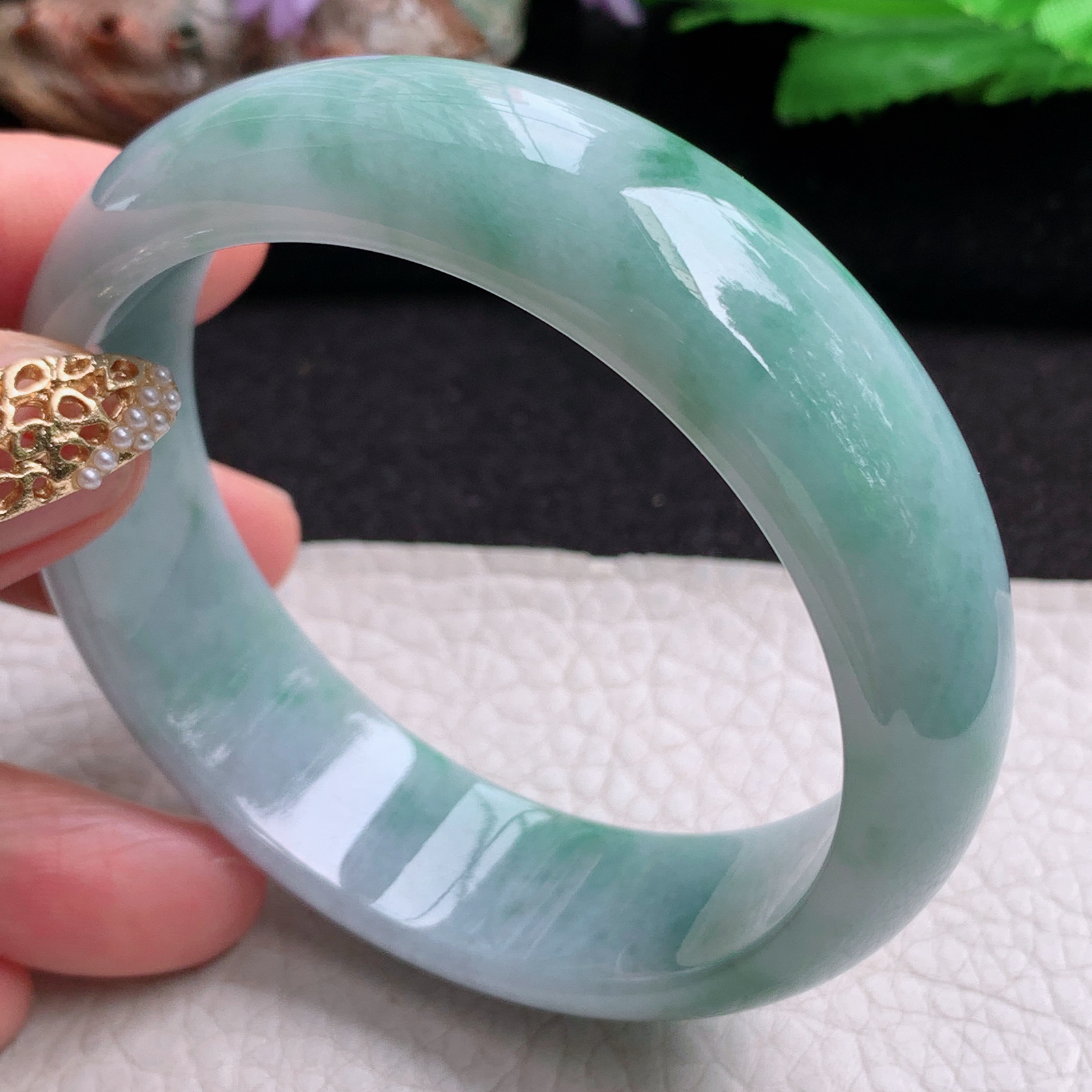js实拍58.5*17.8*7.4轮胎镯 天然缅甸翡翠a货手镯飘花大气正圈玉镯子