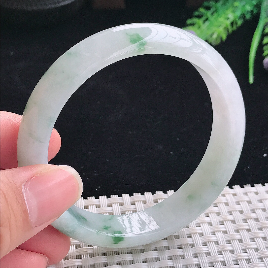 实拍A货翡翠58/13.8/7.5老坑冰润起胶飘花手镯翡翠宽边玉镯平安镯美人镯