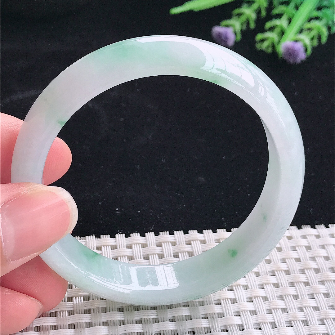 实拍A货翡翠54.8/13.5/7.2老坑冰润起胶飘花手镯翡翠宽边玉镯平安镯美人镯