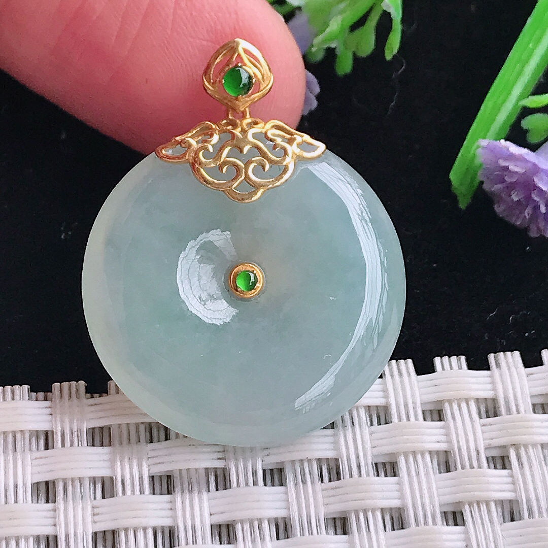 实拍A货翡翠23.9/5.3老坑18k金镶嵌冰胶水灵平安扣吊坠翡翠玉牌