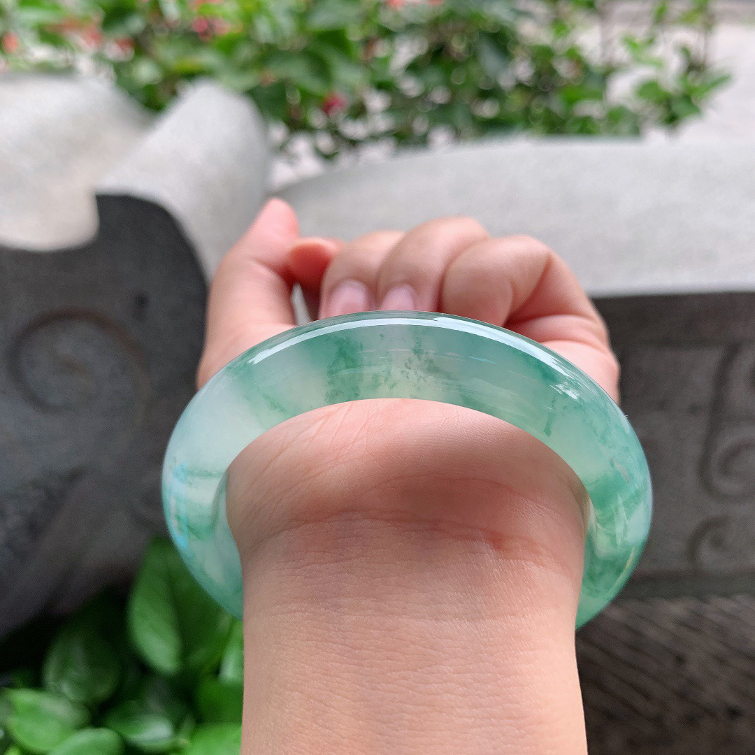 圈口57.6-12.7-8.9 【冰绿飘花正圈手镯】正圈57 58可戴