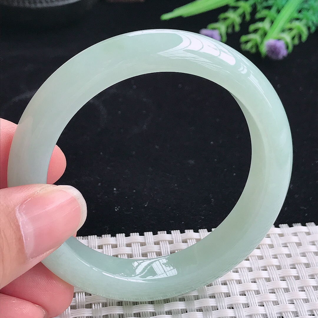 实拍A货翡翠54.5/11.7/9老坑冰纯起胶冰晴绿手镯翡翠宽边玉镯平安镯美人镯