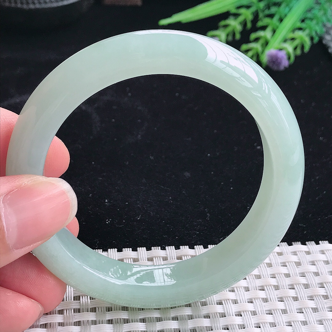 实拍A货翡翠54.5/11.7/9老坑冰纯起胶冰晴绿手镯翡翠宽边玉镯平安镯美人镯