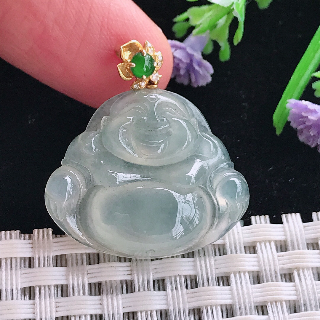 实拍A货翡翠22/26.3/5.6老坑18k金镶嵌冰种佛公吊坠翡翠玉牌