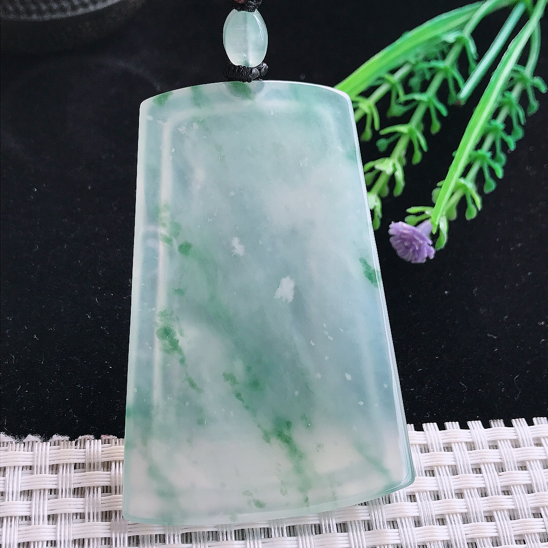 实拍A货翡翠69/46/6.5老坑冰胶果冻冰飘花山水意境牌吊坠翡翠玉牌