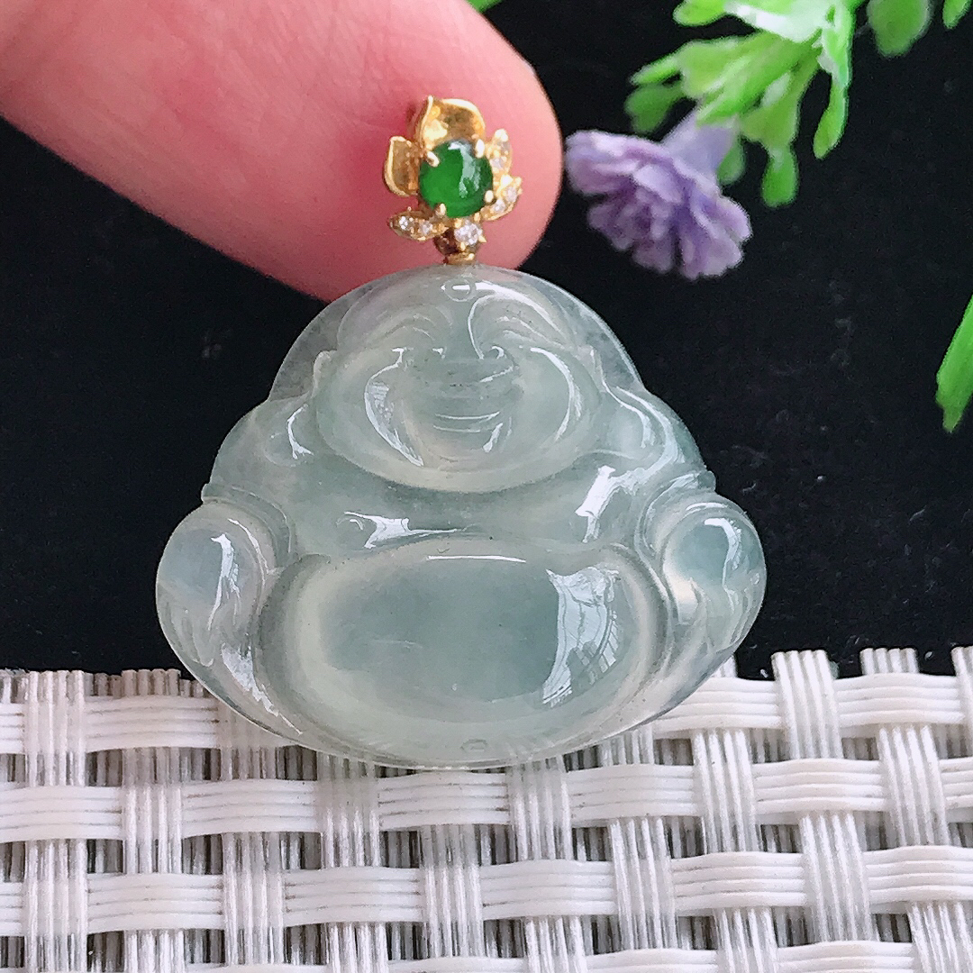 实拍A货翡翠22/26.3/5.6老坑18k金镶嵌冰种佛公吊坠翡翠玉牌