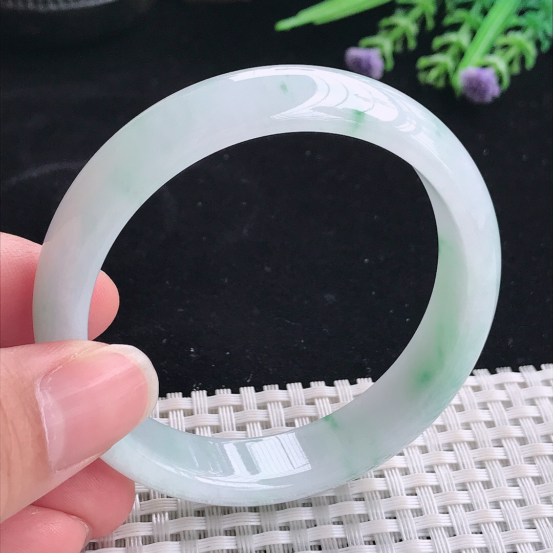 实拍A货翡翠54.8/13.5/7.2老坑冰润起胶飘花手镯翡翠宽边玉镯平安镯美人镯