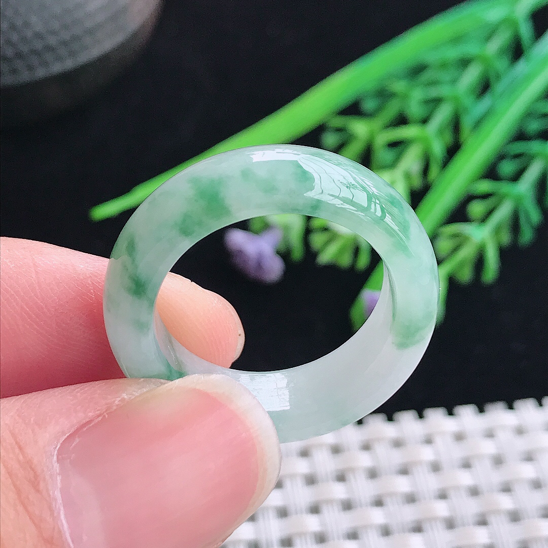 实拍A货翡翠19.5/7.5/4.5老坑冰透起胶飘花指环戒指