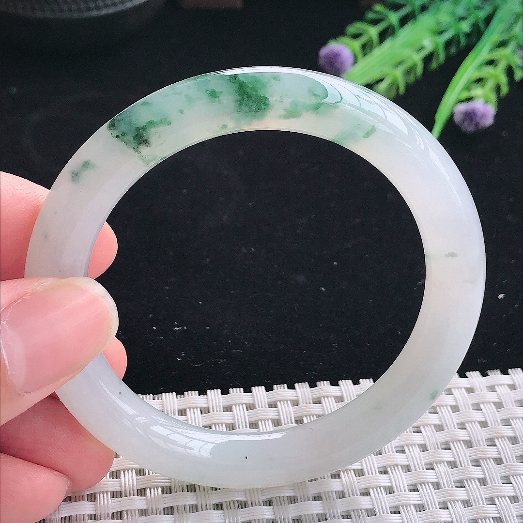 实拍A货翡翠53.5/9/9.3老坑冰胶果冻冰飘花圆条手镯翡翠玉镯平安镯