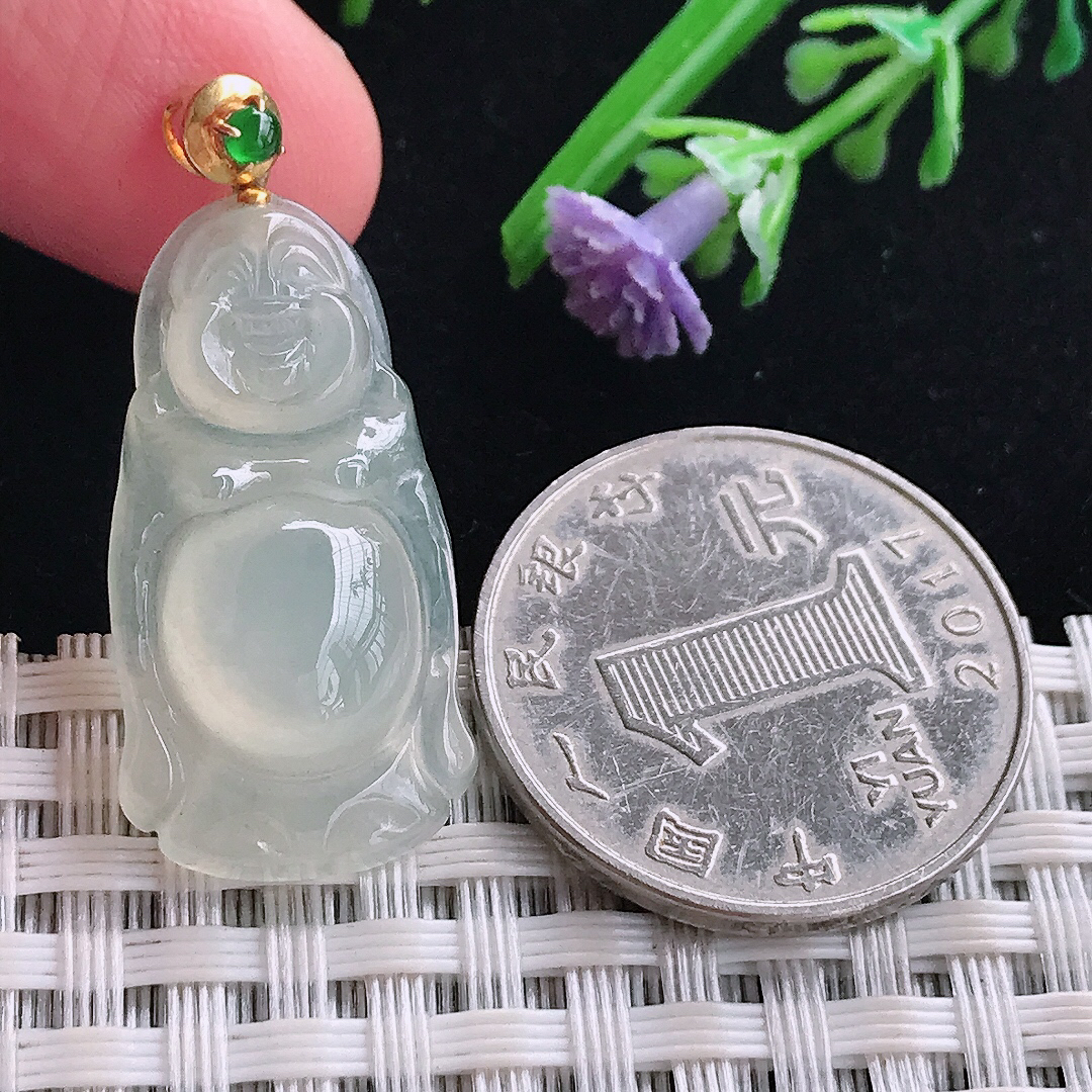 实拍A货翡翠29.2/15/5.8老坑18k金镶嵌冰胶站佛吊坠翡翠玉牌