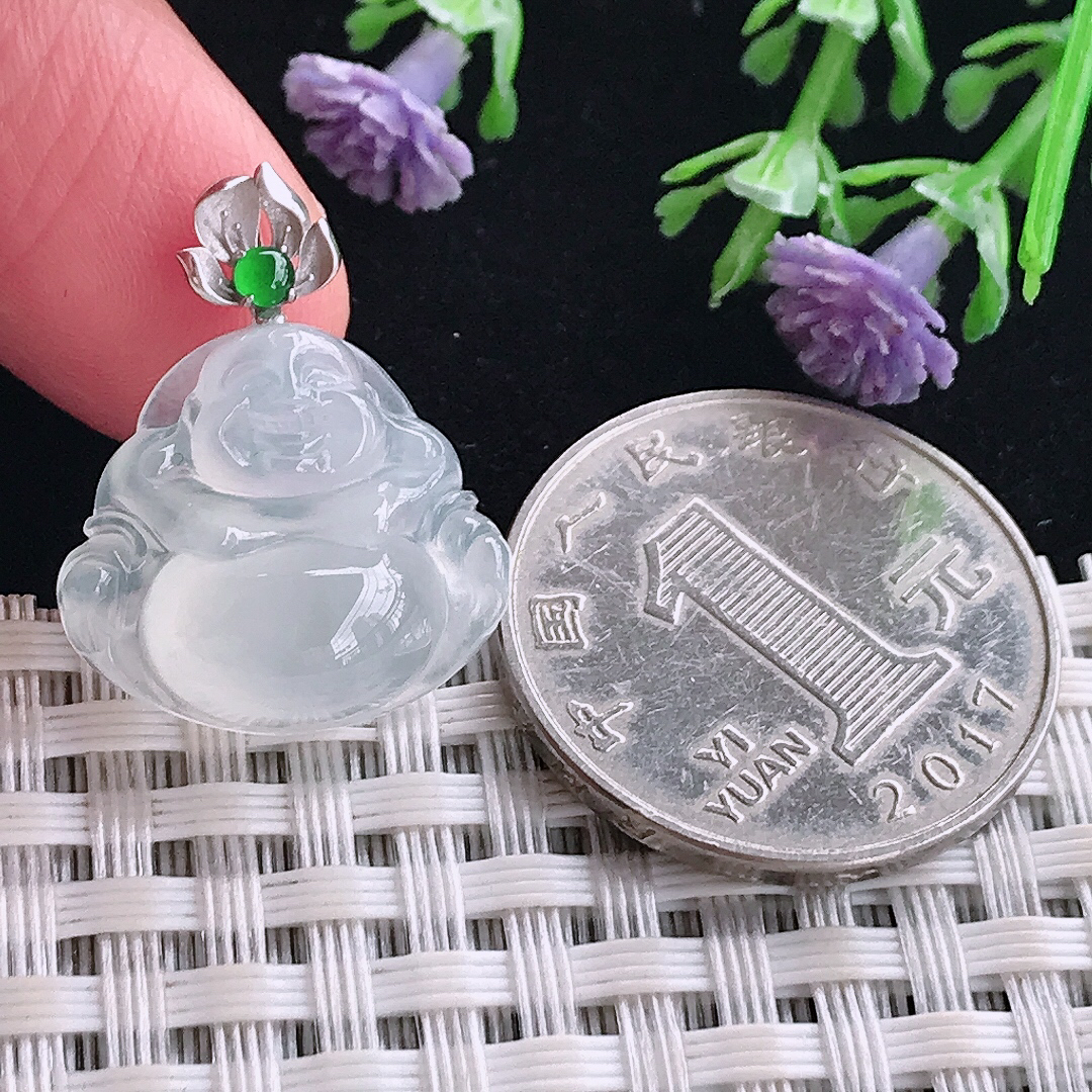 实拍A货翡翠17.2/19/6.9老坑18k金镶嵌起光冰种小佛公吊坠翡翠玉佛