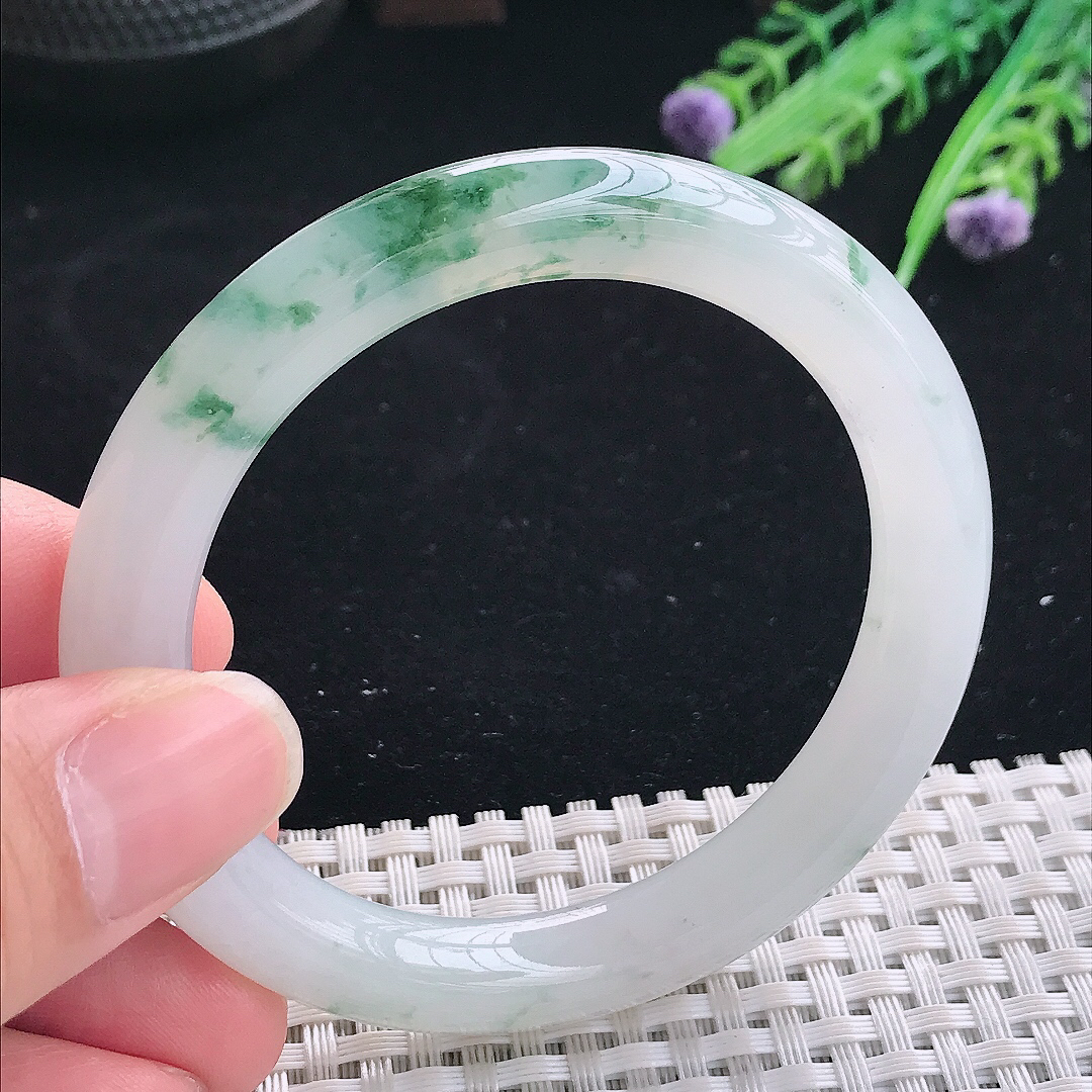 实拍A货翡翠53.5/9/9.3老坑冰胶果冻冰飘花圆条手镯翡翠玉镯平安镯