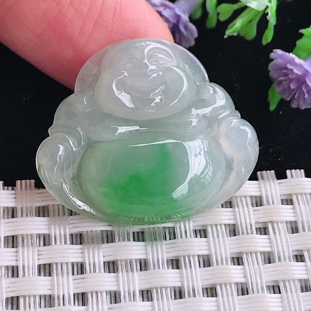 实拍A货翡翠24.9/29.8/5.7老坑冰胶水灵飘阳绿佛公吊坠翡翠玉佛挂件