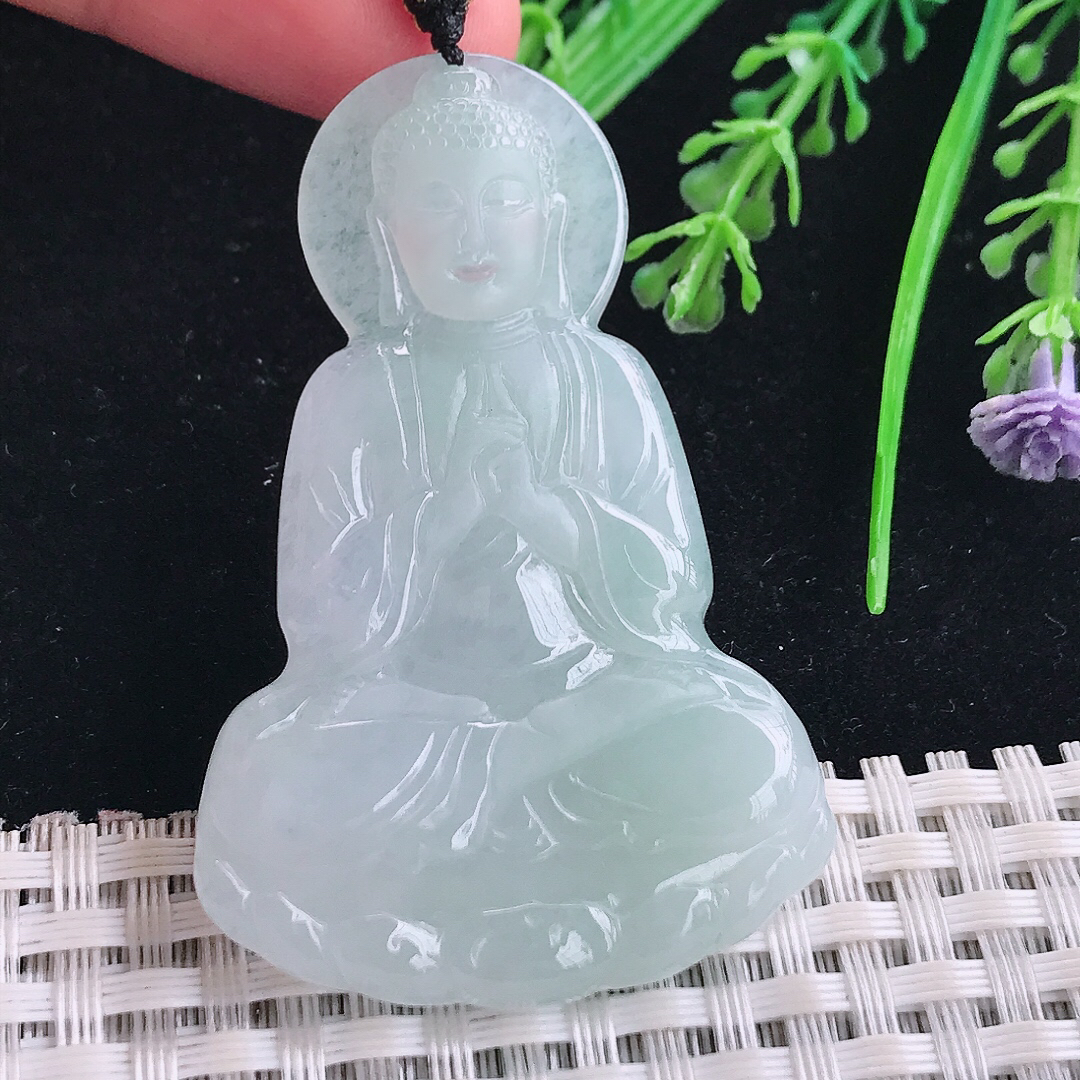 实拍A货翡翠56/37.3/5.2老坑冰胶果冻大日如来佛祖吊坠翡翠玉牌