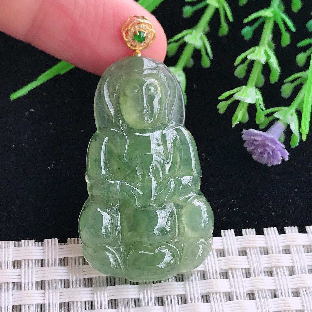 实拍A货翡翠41.3/24.8/4.8老坑18k金镶嵌满油绿观音吊坠翡翠玉牌