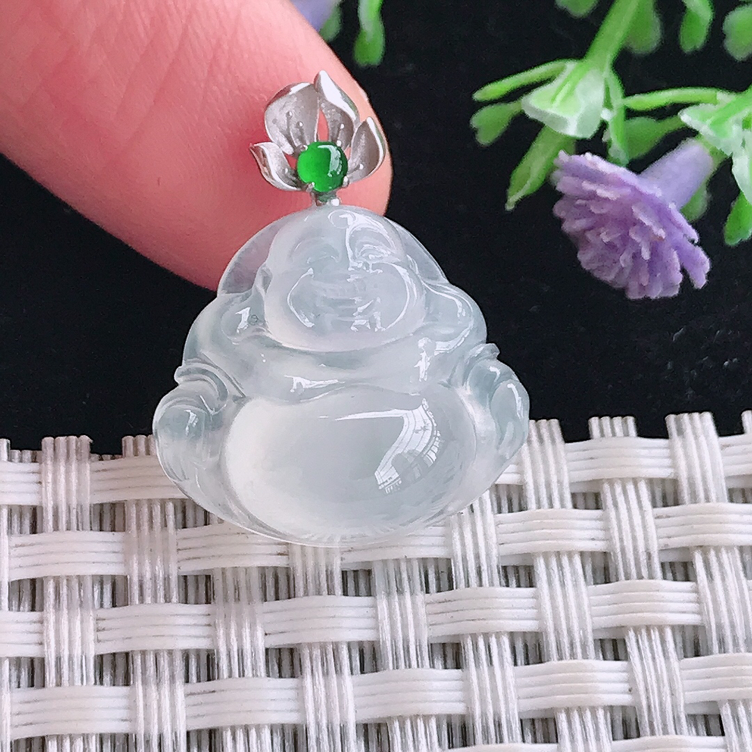 实拍A货翡翠17.2/19/6.9老坑18k金镶嵌起光冰种小佛公吊坠翡翠玉佛