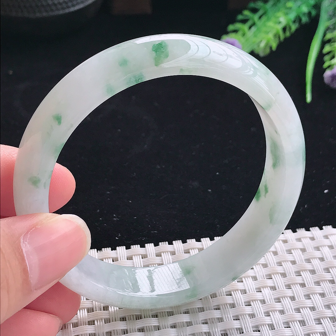 实拍A货翡翠58/13.8/7.5老坑冰润起胶飘花手镯翡翠宽边玉镯平安镯美人镯