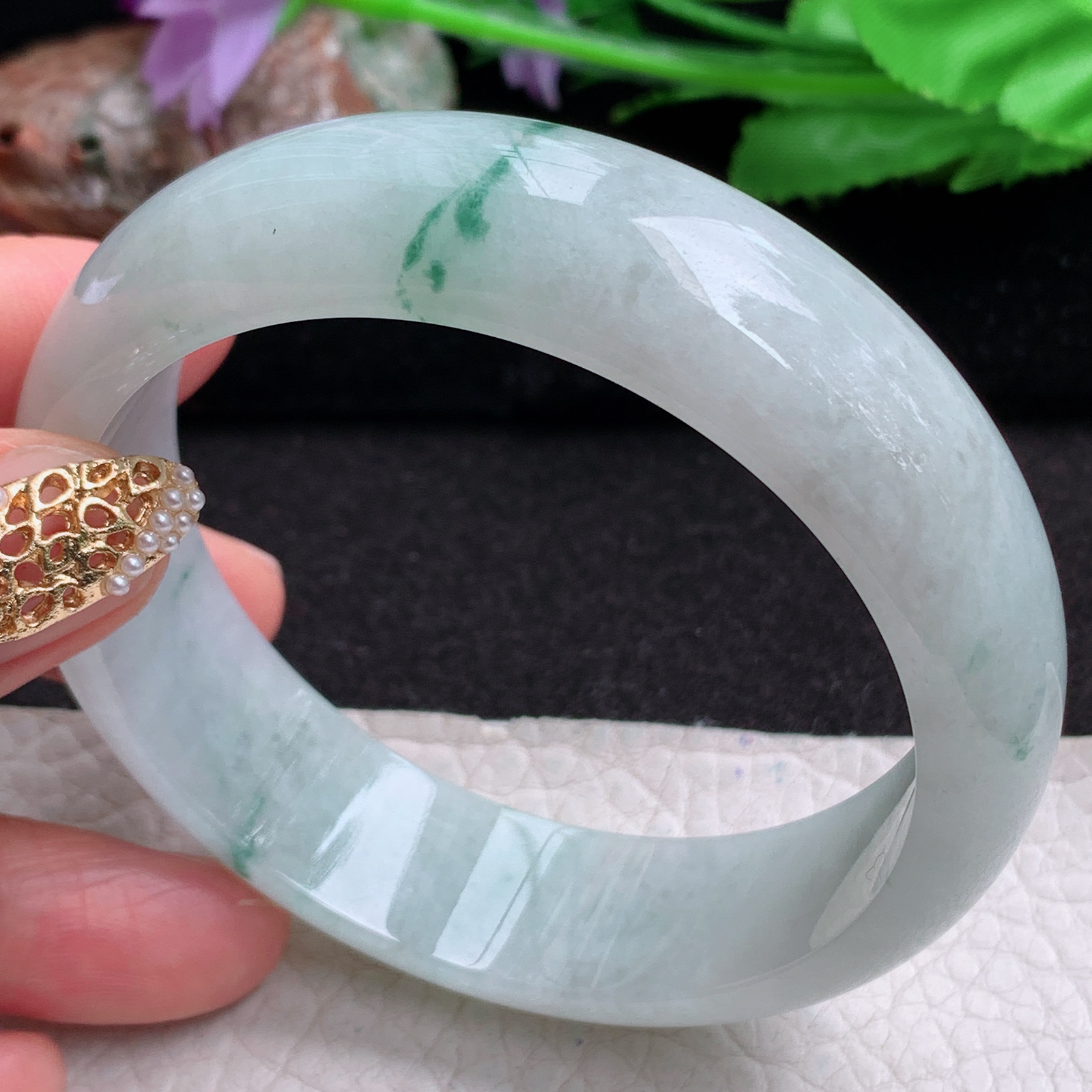 hy实拍58.5*17*7.5轮胎镯 天然缅甸翡翠a货手镯飘花大气正圈玉镯子