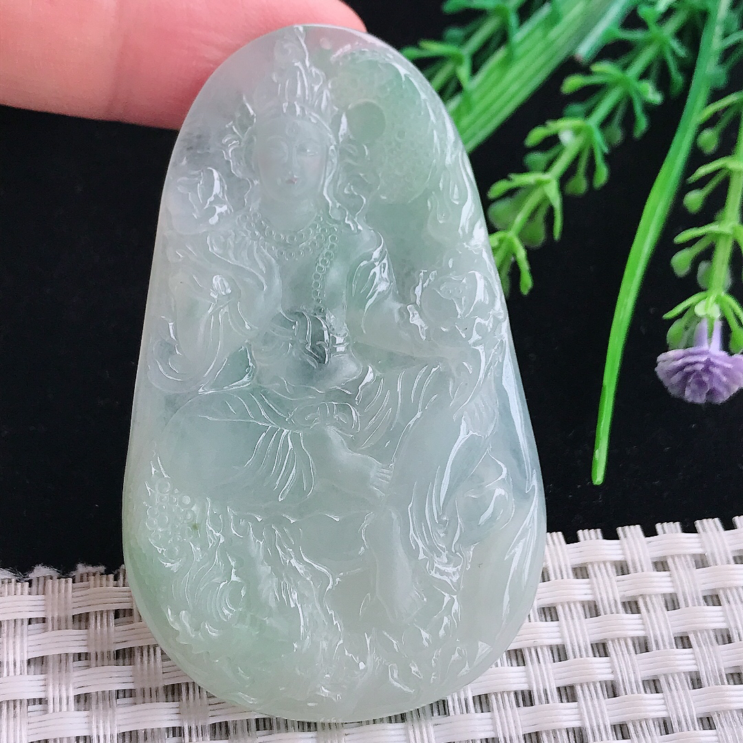 实拍A货翡翠66/40/5.5老坑冰胶果冻冰晴绿御龙观音吊坠翡翠玉牌