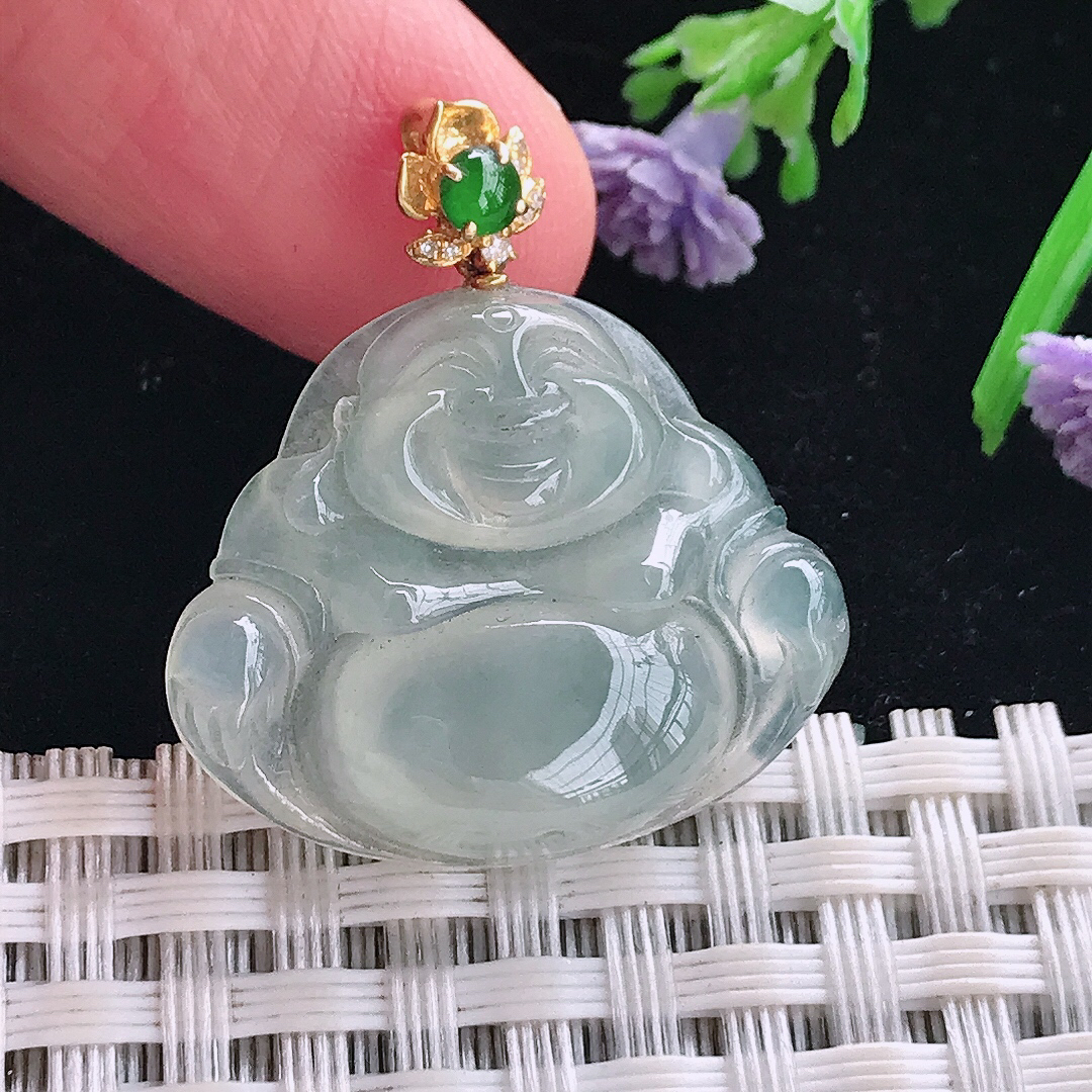实拍A货翡翠22/26.3/5.6老坑18k金镶嵌冰种佛公吊坠翡翠玉牌