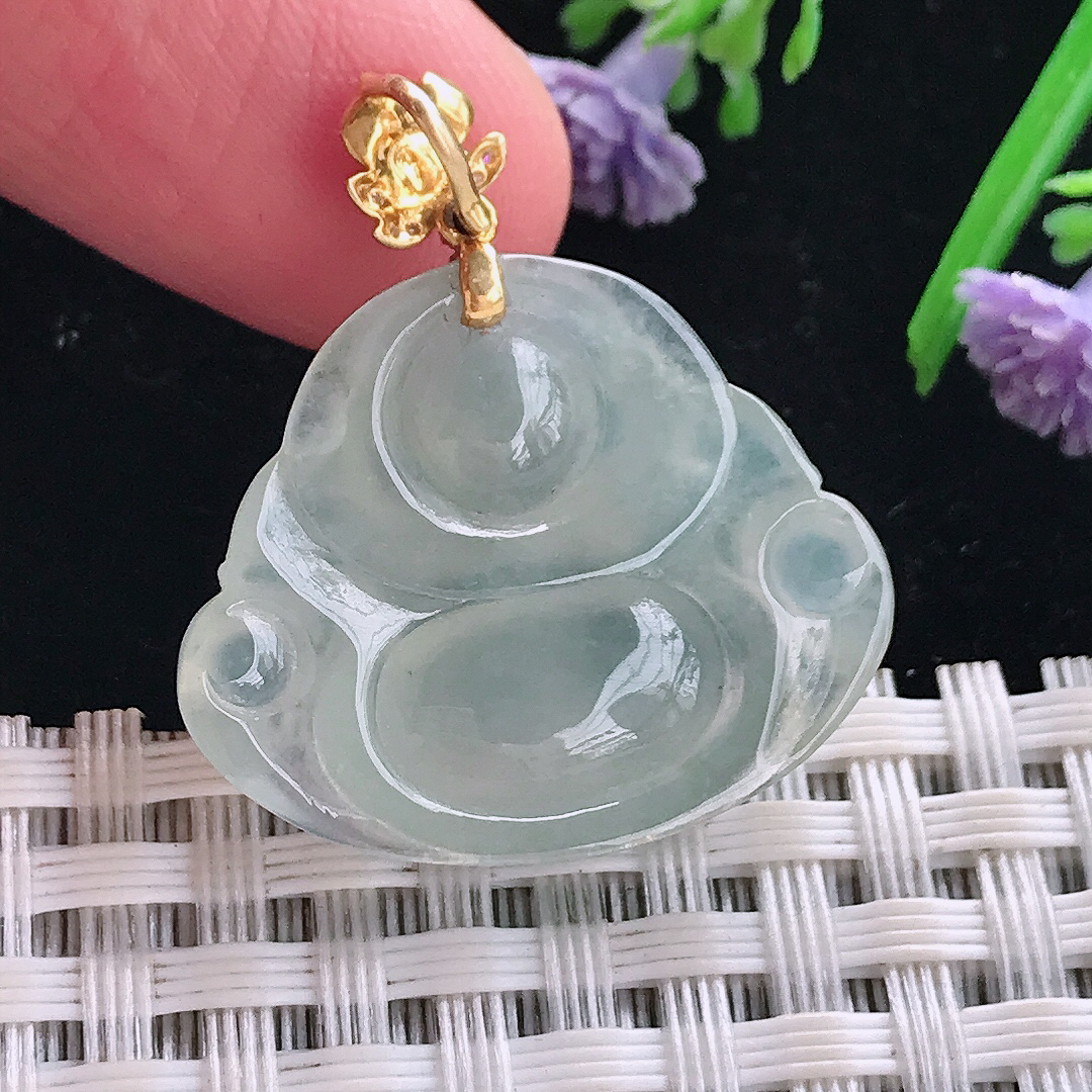 实拍A货翡翠22/26.3/5.6老坑18k金镶嵌冰种佛公吊坠翡翠玉牌