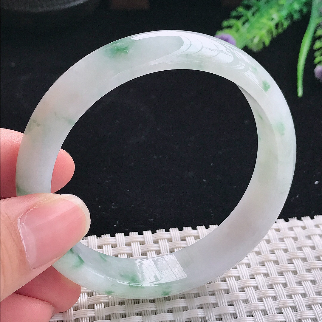 实拍A货翡翠58/13.8/7.5老坑冰润起胶飘花手镯翡翠宽边玉镯平安镯美人镯